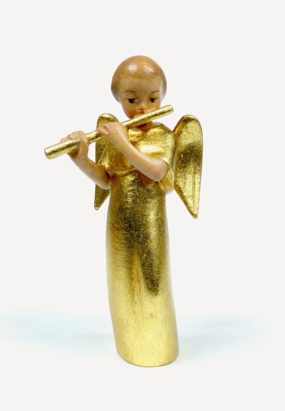 Moderner Engel mit Querflöte - mit Blattgold vergoldet, 15 cm