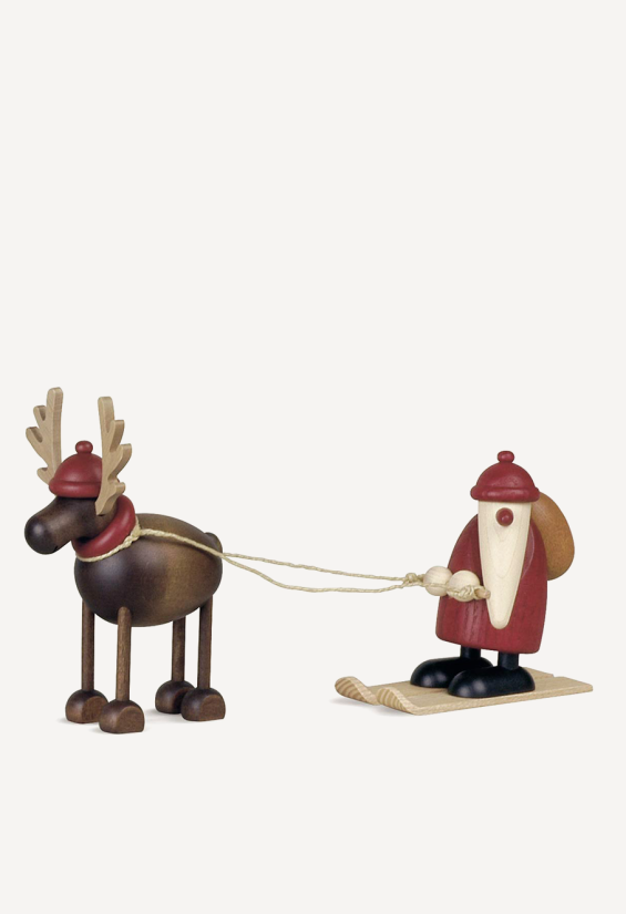 Rentier Rudolf mit Weihnachtsmann auf Ski, klein